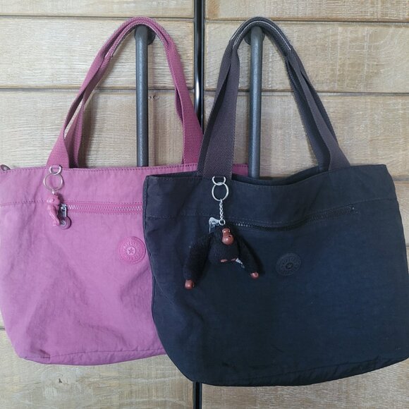 KIPLING JERIMIAH TOTE BAG BUNDLE BLACK AND PINK RASBERRY WITH MONKEY KEYCHAINS - Picture 1 of 16